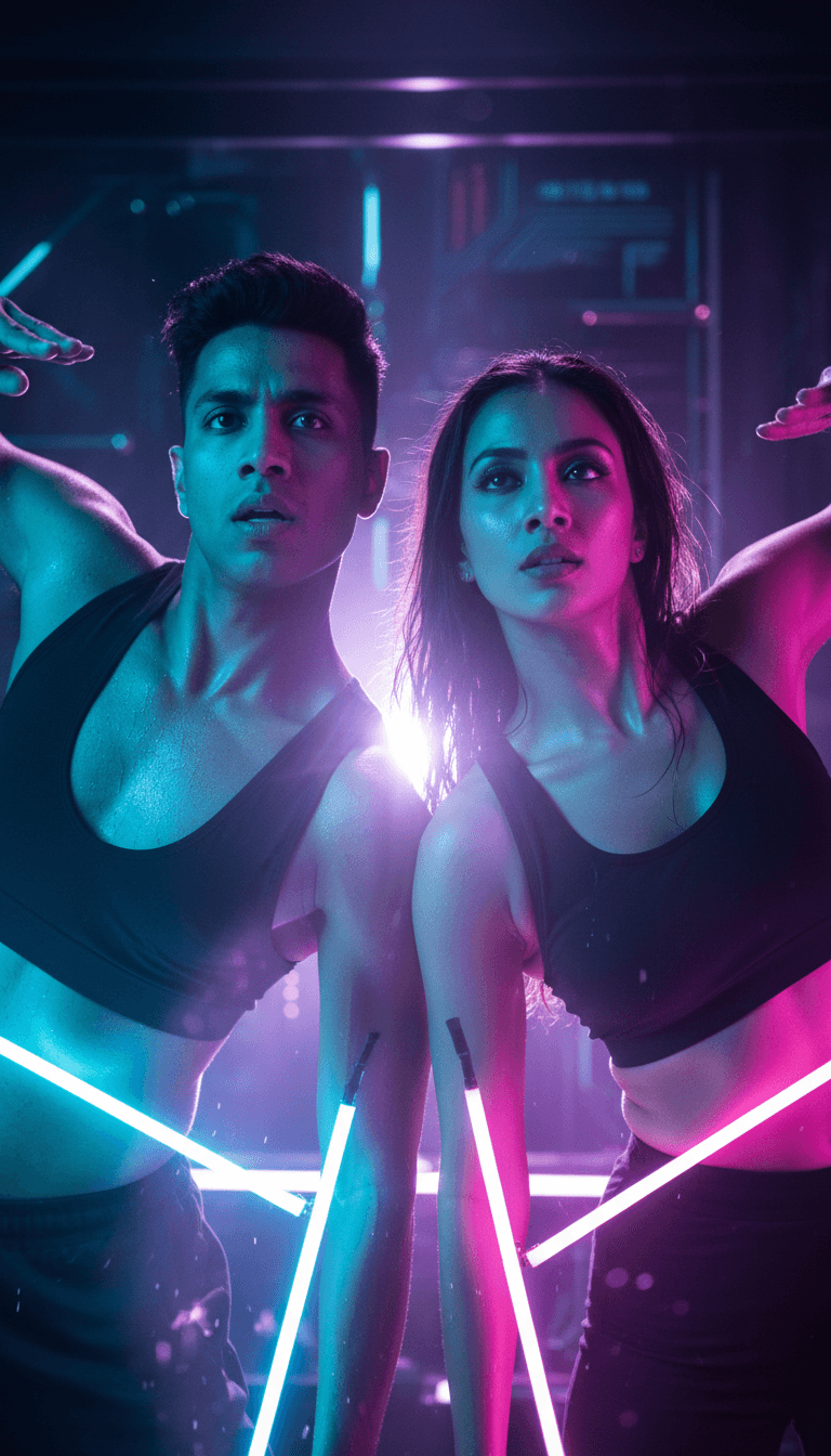 一个兴奋的用户在大屏幕上观看为 Party Masti Youngest Song 新生成的音乐视频,freebeat.ai 界面元素隐约可见,象征着用户的创造力和成功。