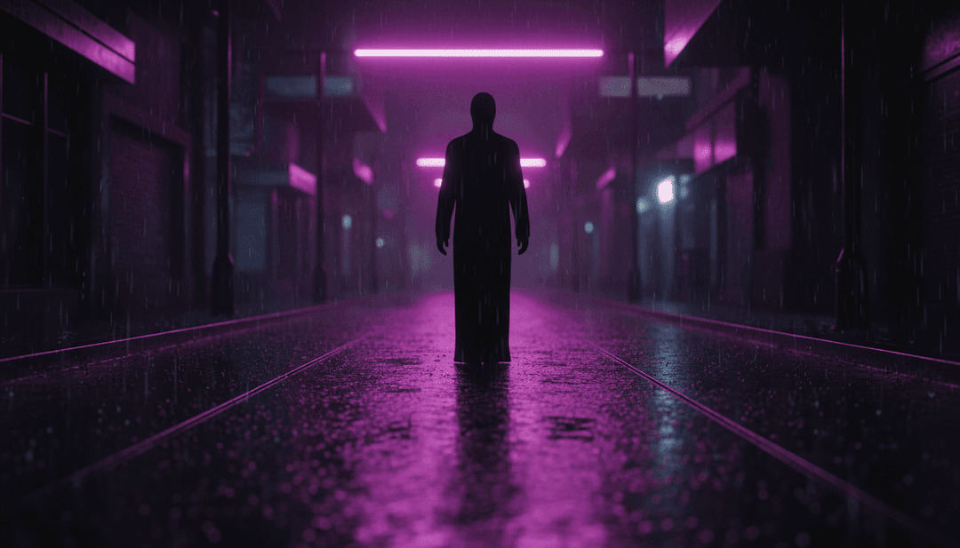 AI生成的概念艺术图,用于 'I Walk Alone, Under Neon Rain' by v5,描绘了梦幻城市景观中,一个孤独的身影在发光的合成波雨下。