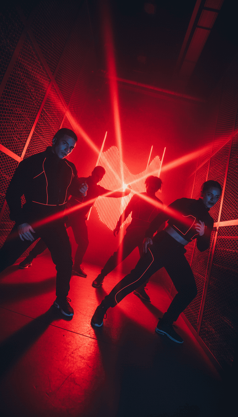 AIによって生成された鮮やかなミュージックビデオのシーン。Dhol Drop Challenge Reel.mp3に合わせて、カラフルな都市の背景でダンサーが踊り、ダイナミックなカメラアングルと特殊効果が施されています。