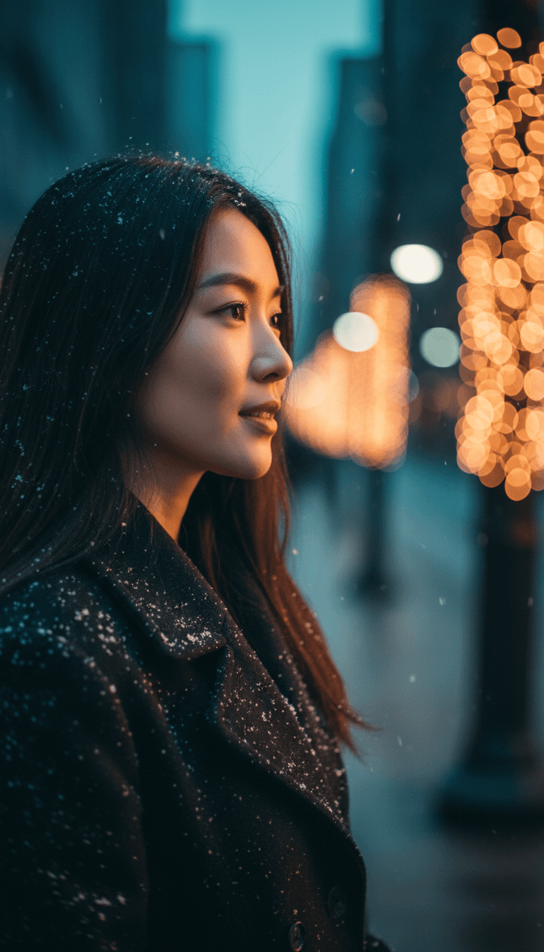 IA analysant des notes de musique de Noël smooth jazz avec des lumières festives de la ville en arrière-plan, représentant la chanson '2 Crosswalk Christmas'.