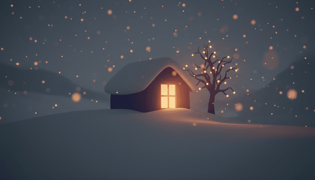 Trenó animado deslizando por uma paisagem nevada, sincronizado com a suave melodia de uma canção de Natal.