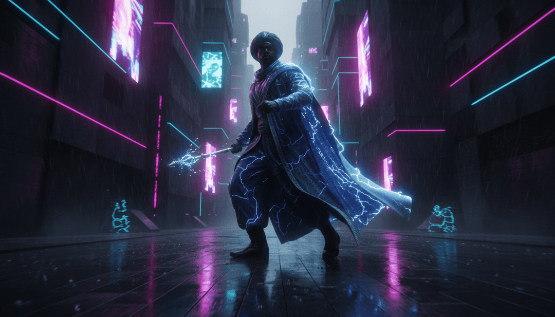 抽象声波转化为粗犷城市景观的概念渲染,象征着 'my world.mp3' 的嘻哈和陷阱音乐精髓。