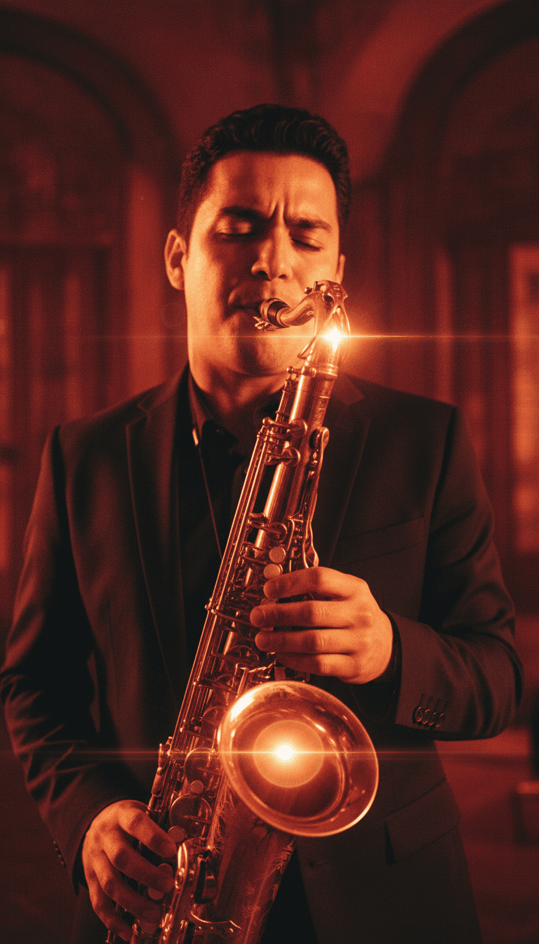 由AI生成的充满活力的视觉序列,展示了一个金色萨克斯风的特写镜头,过渡到一个风格化城市夜景的全景,反映了流畅的爵士乐旋律。