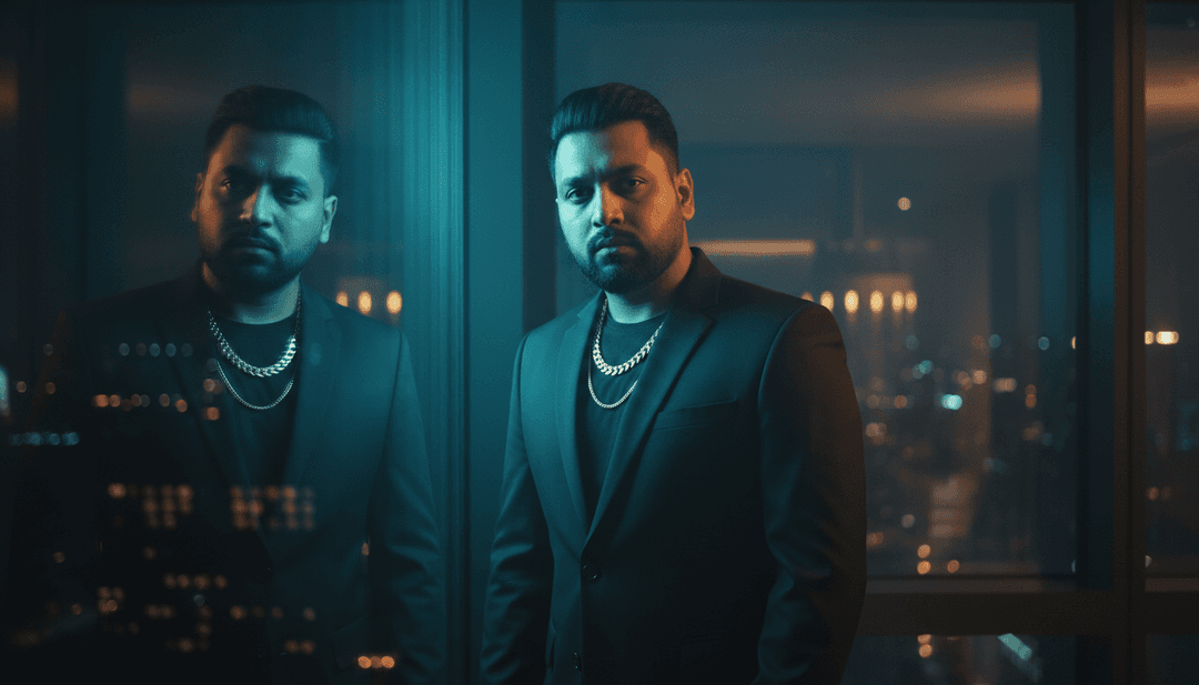 Scena dinamica di un video musicale con testi animati, un DJ che scratcha e un paesaggio urbano illuminato da luci lampeggianti, che riflette il genere hip-hop.