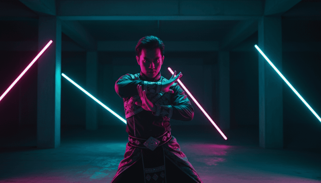 Une représentation visuelle abstraite d'un cœur fort et pulsant, entouré de notes de musique lumineuses d'inspiration pop-art et de faisceaux lumineux résilients.