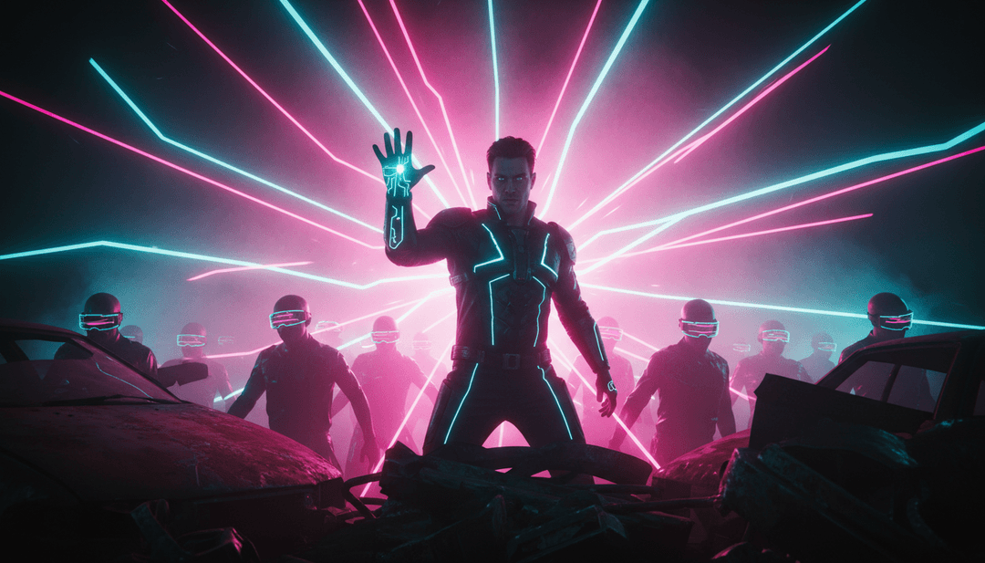 Rappresentazione astratta dell'IA che analizza onde sonore e melodie synth-pop per generare concetti visivi per un video musicale, riflettendo l'aspirazione.