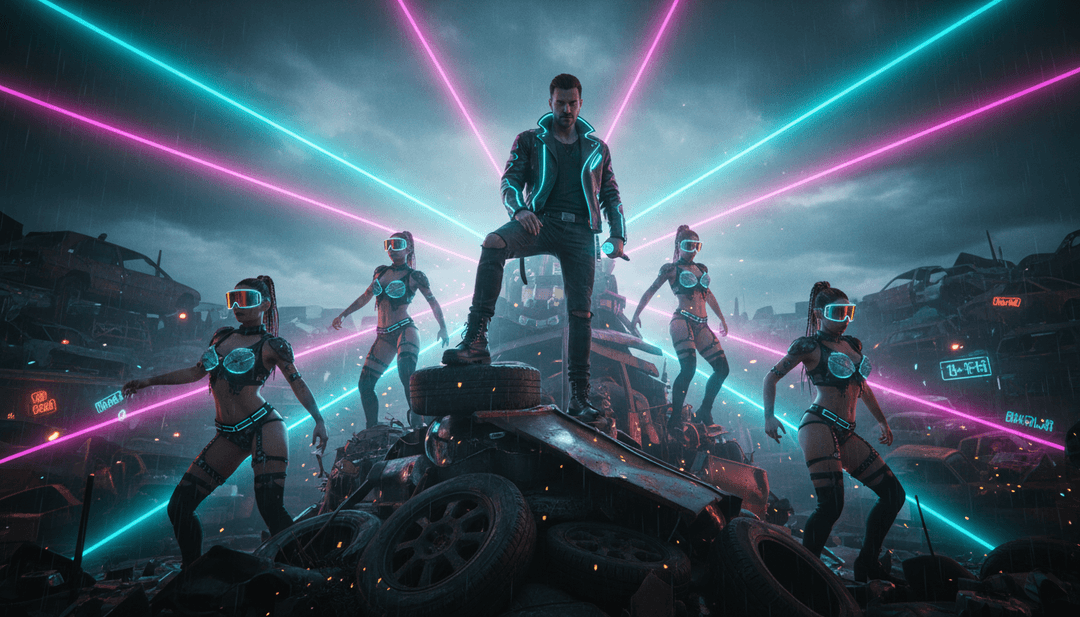 Sequenza visiva dinamica che mostra schemi di onde synth che si trasformano in paesaggi urbani stilizzati e luminosi e figure brillanti, guidati da ritmi electronic pop.