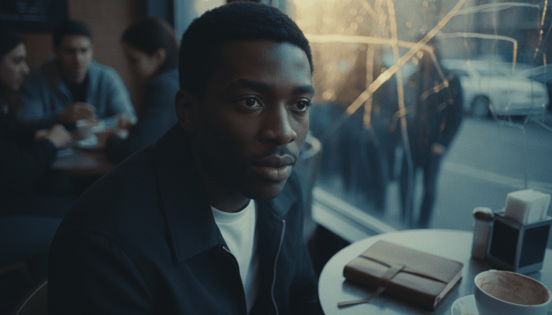 精神觉醒的抽象视觉化,一道发光的亮光穿透黑暗,象征着'THE LORD FOUND ME'。