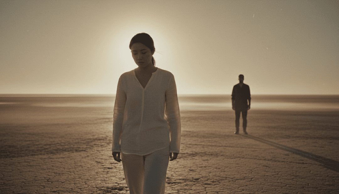 एक शांत गिटार झंकार पैटर्न का सार दृश्य प्रतिनिधित्व जो शाम को एक शांत, बहती नदी के दृश्य में बदल जाता है।