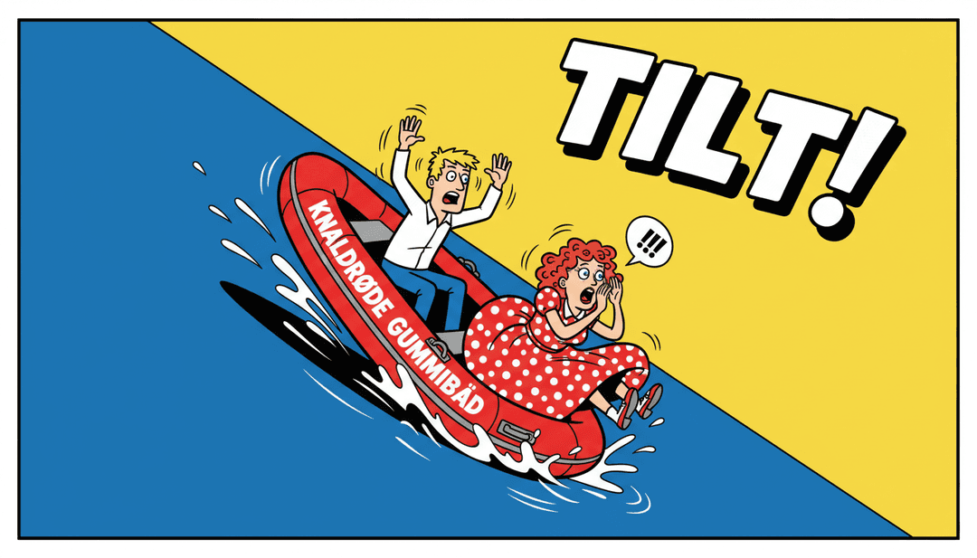 一位用户微笑着,看着平板电脑显示 freebeat.ai 界面,一个充满活力、个性化的 'Pas På Den Knaldrøde Gummibåd' 音乐视频正在播放,随时可以分享。