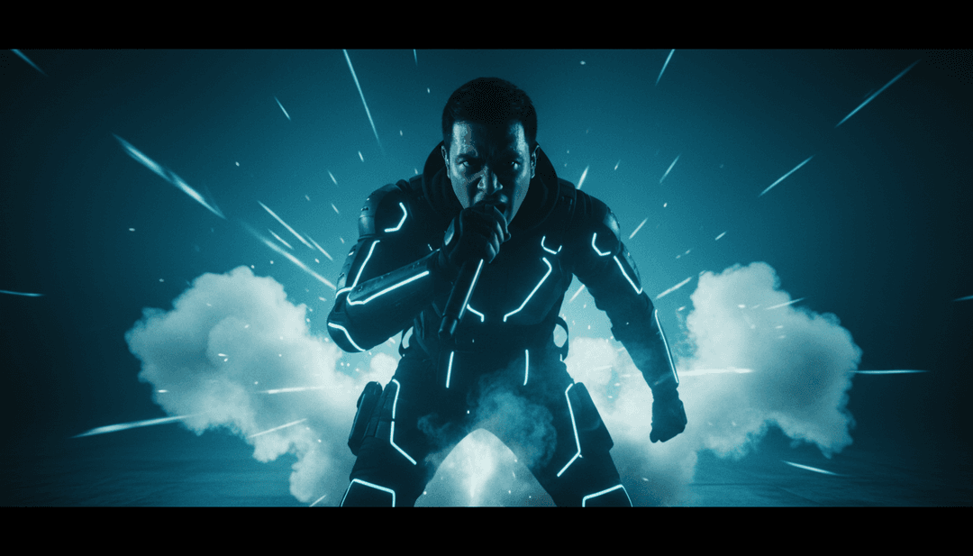 LUCKI의 'I Don't Care...'를 위한 멋진 최종 뮤직 비디오가 미래적인 화면에서 재생되고 있으며, freebeat.ai 로고가 눈에 띄게 표시되어 사용자가 직접 만들도록 초대합니다.