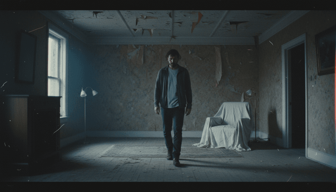 一系列流动的抽象视觉效果,从宁静的水域演变为黎明时分的柔和城市景观,象征着流行民谣的叙事进程。