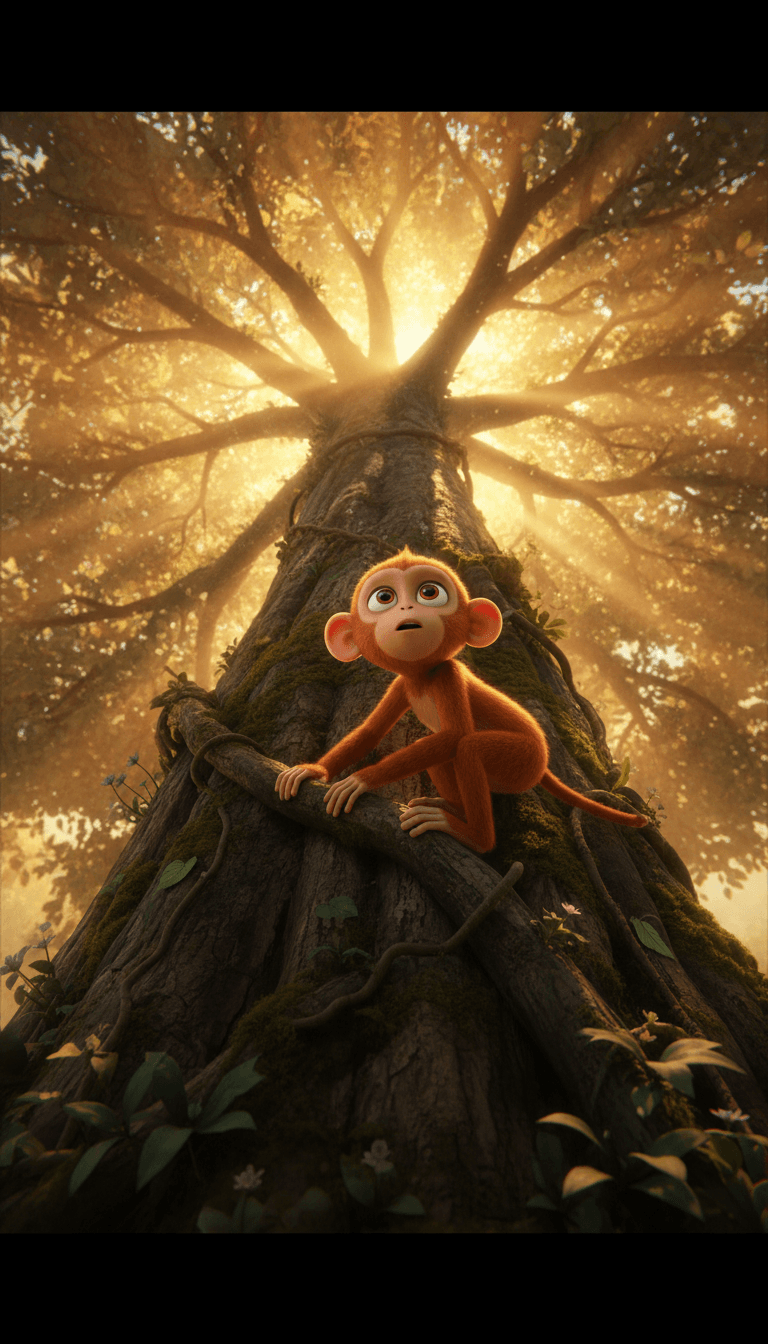 猴子在叢林中擺盪的動畫場景,與音樂節拍和吉他即興演奏同步。