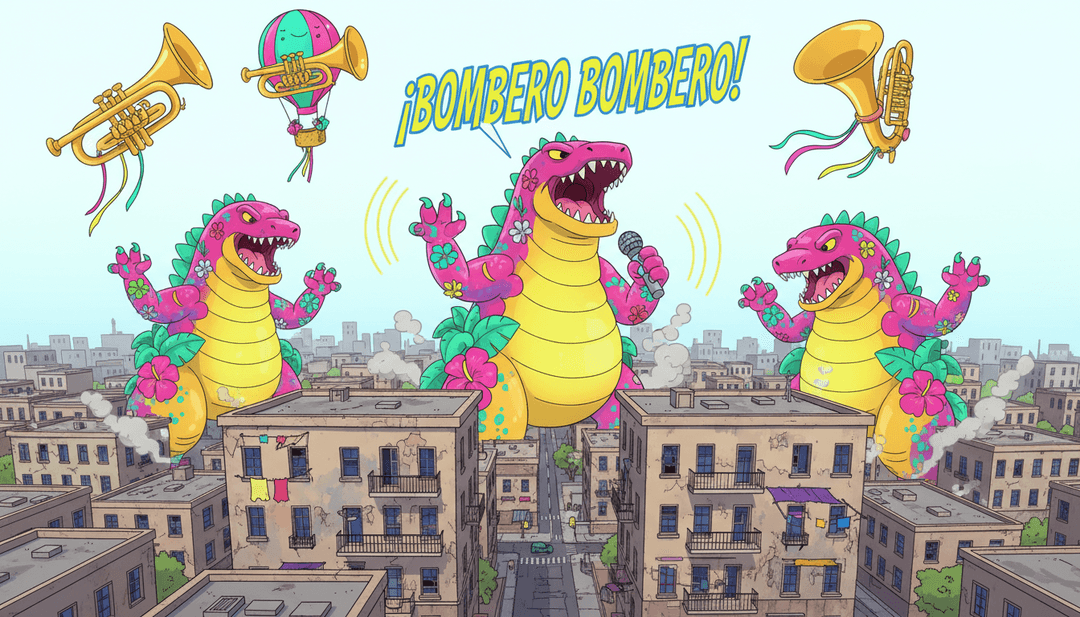 「chispita audio.mp3」中墨西哥街頭音樂小號和倫巴打擊樂的動態視覺呈現,轉化為穿著鮮豔裙擺和墨西哥寬邊帽的動畫人物跳舞。