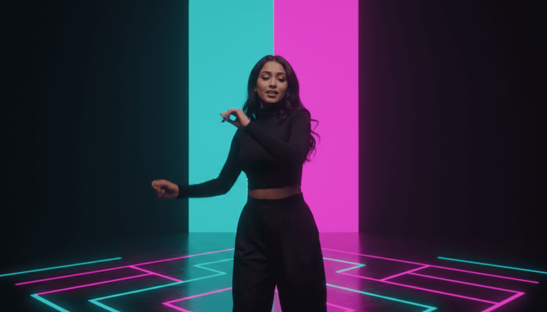 Visualiseur dynamique montrant des formes géométriques et des traînées lumineuses réagissant aux rythmes électroniques et mélodies pop de 'Couplet 1 : x3 by UnfetteredAmps167' pendant la génération vidéo par IA.