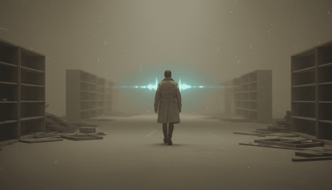 Un écran partagé dynamique montrant un égaliseur lumineux et rythmique d'un côté et une scène correspondante générée par IA d'une ville futuriste la nuit, avec des traînées de pluie reflétant des lumières néon, symbolisant l'énergie de la chanson.