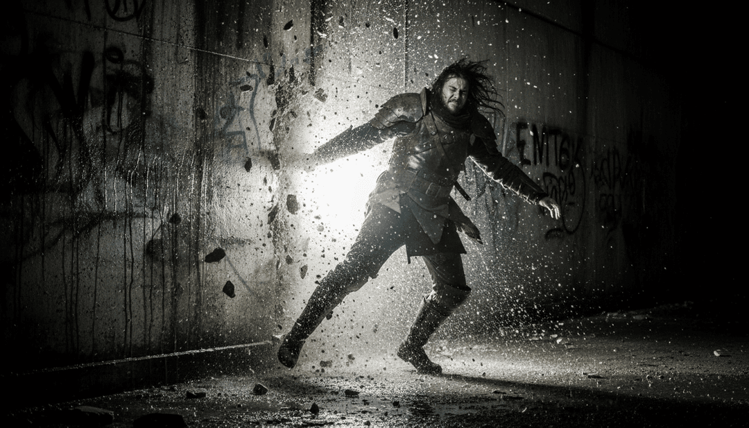 IA analizando formas de onda de audio de una pista funk-soul, identificando patrones rítmicos y señales emocionales para crear un concepto de video musical, mostrando luces de neón de la ciudad.