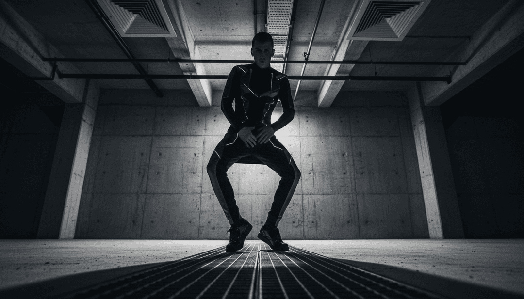 Visualizador abstrato representando ondas sonoras de hard techno transformando-se em complexas paisagens digitais, simbolizando a energia central da música.