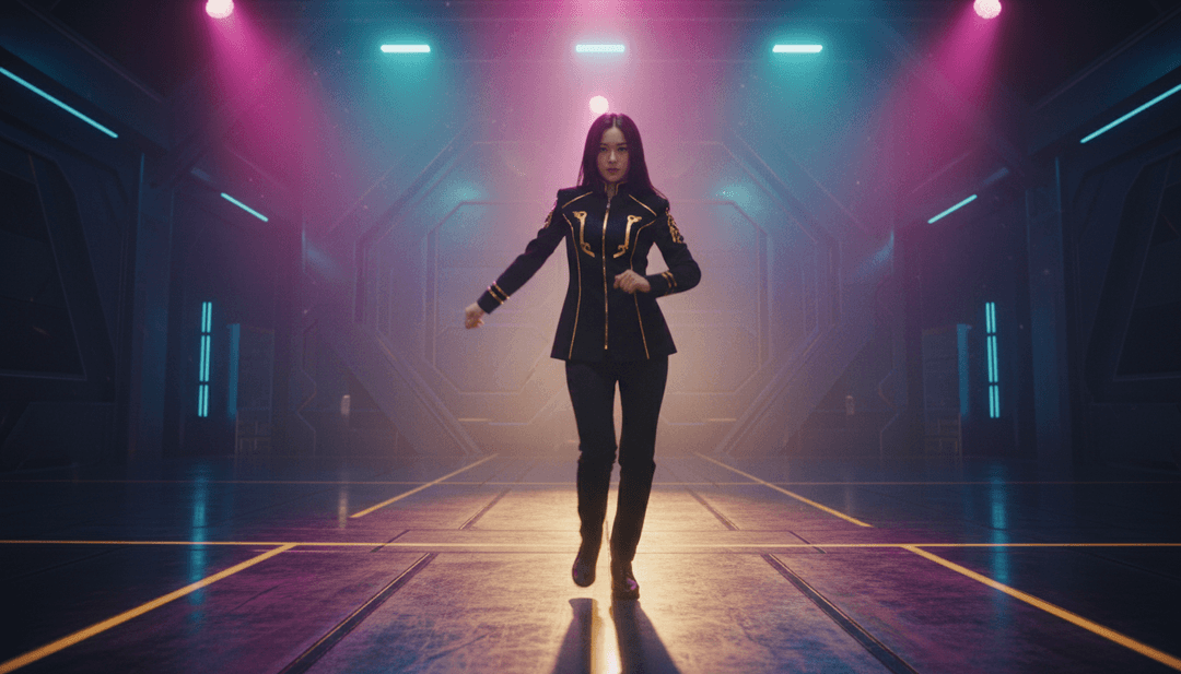 动画恶魔猎人跳跃穿梭于霓虹都市,与流行节拍同步,由AI创造。