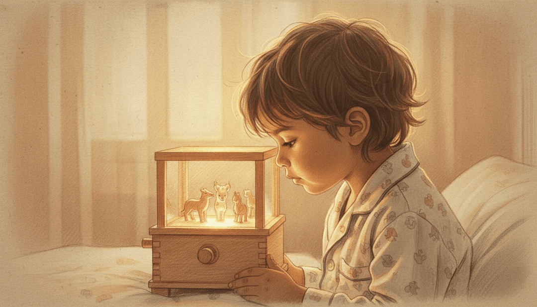 Escenas animadas de un bosque suave, animales dormidos y el paisaje onírico de un niño, todo fluyendo en sincronía con notas de música clásica.