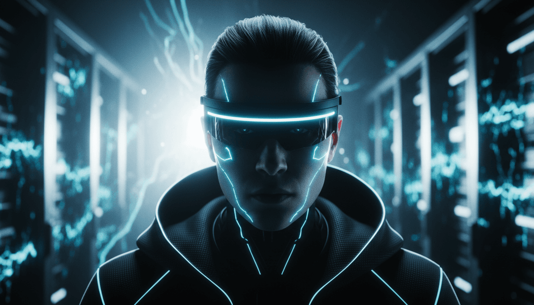 IA interpretando música folk-country com elementos futuristas, uma mistura de instrumentos acústicos e código digital se entrelaçando.