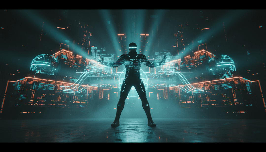 Visuais dinâmicos sincronizados com a música folk-country de abdulhadi122, mostrando paisagens em evolução e fluxos de dados.