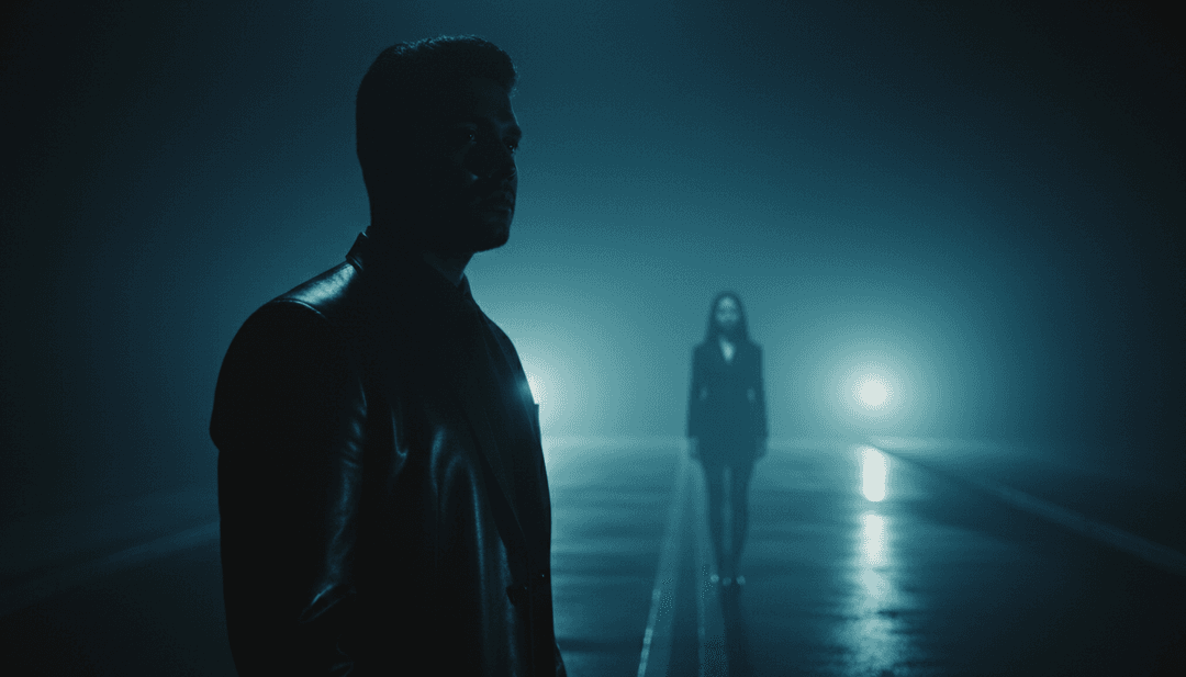 Visuais darkwave abstratos, azuis profundos e roxos, refletindo introspecção e memórias desvanecendo.