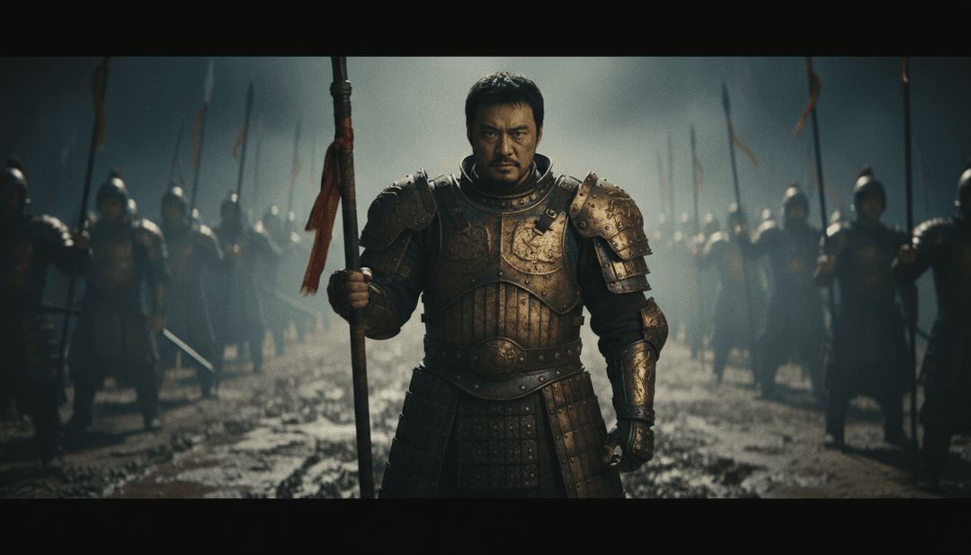 Cenas vívidas e de alta energia geradas por IA, retratando guerreiros futuristas e batalhas antigas, sincronizadas com riffs de guitarra de heavy metal e vocais de Mandopop.