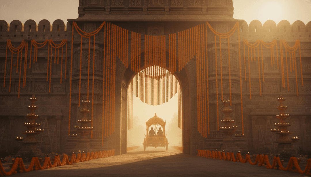 Interpretazione AI concettuale di musica devozionale, che mostra luce ed elementi tradizionali indiani che si fondono con l'arte digitale per 'Dekho Ram Aaye'.