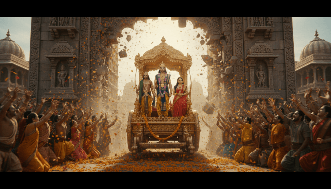 Immagini dinamiche che raffigurano personaggi del Ramayana, scene celebrative del Diwali e transizioni armoniose, generate dall'AI dalla musica e dai testi della canzone.