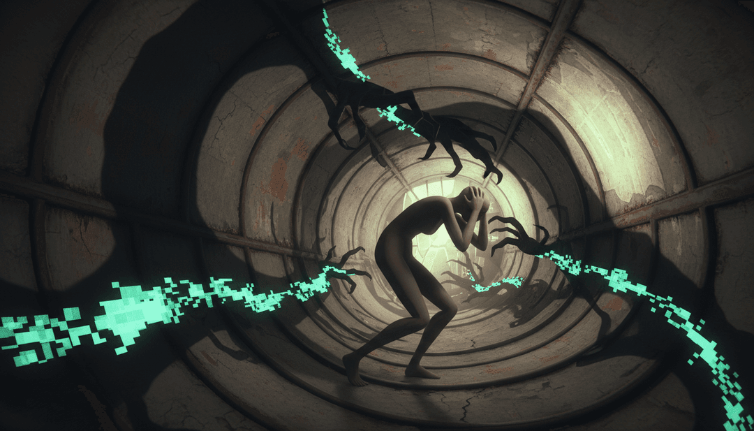 무거운 기타 리프와 드럼 비트에 맞춰 역동적으로 진동하는 추상적인 시각 효과, 노래의 운동 에너지를 표현합니다.