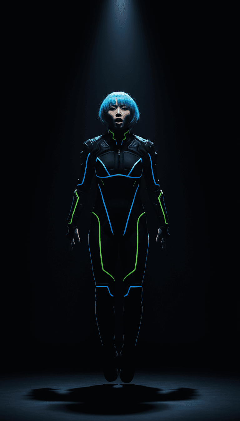 Eine futuristische Konzertbühne, beleuchtet von atemberaubenden KI-generierten Visuals für 'Baseline KING'S', mit einem begeisterten Publikum, das von der Show fasziniert ist.