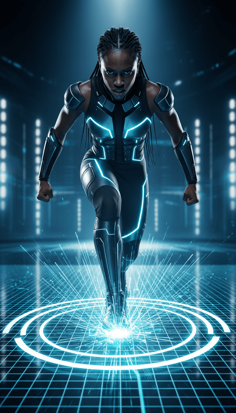 Cenas visuais vibrantes geradas por IA, retratando paisagens urbanas e movimentos de dança energéticos inspirados pela música hip-hop e pop.