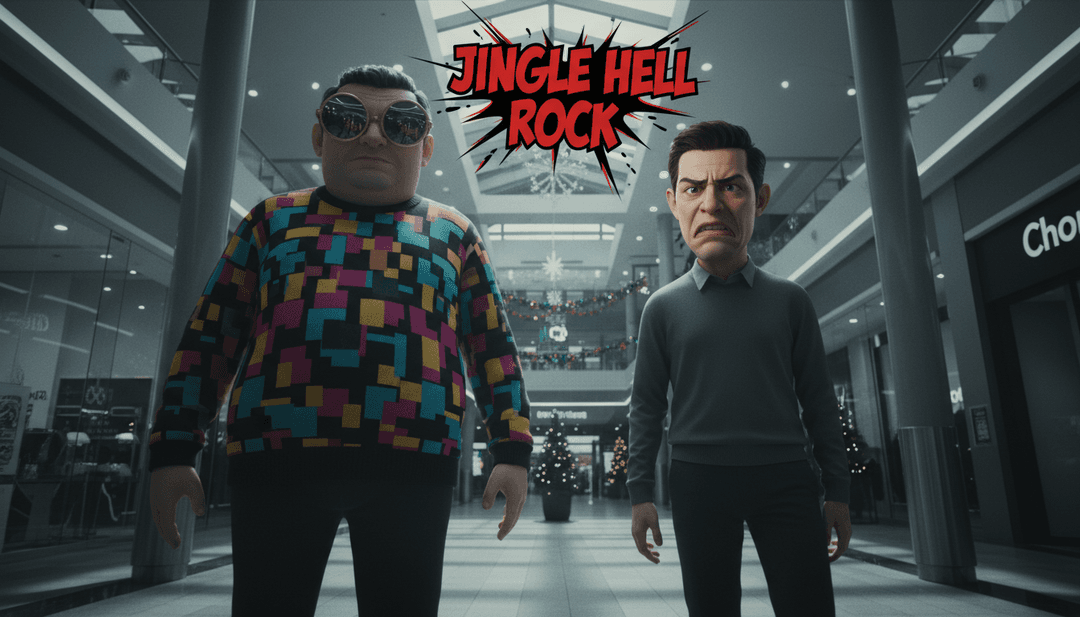 AIがカントリーポップソング 'Jag vill inte ha nån jävla jul_1.mp3' を分析し、クリスマス伝統への反抗というテーマを解釈してミュージックビデオを生成。