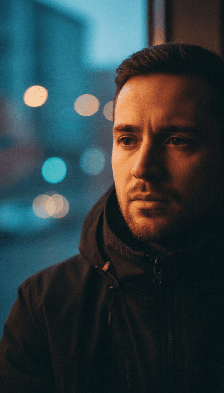 Uma IA analisando ondas sonoras de uma música R&B para gerar conceitos visuais para um videoclipe à noite.