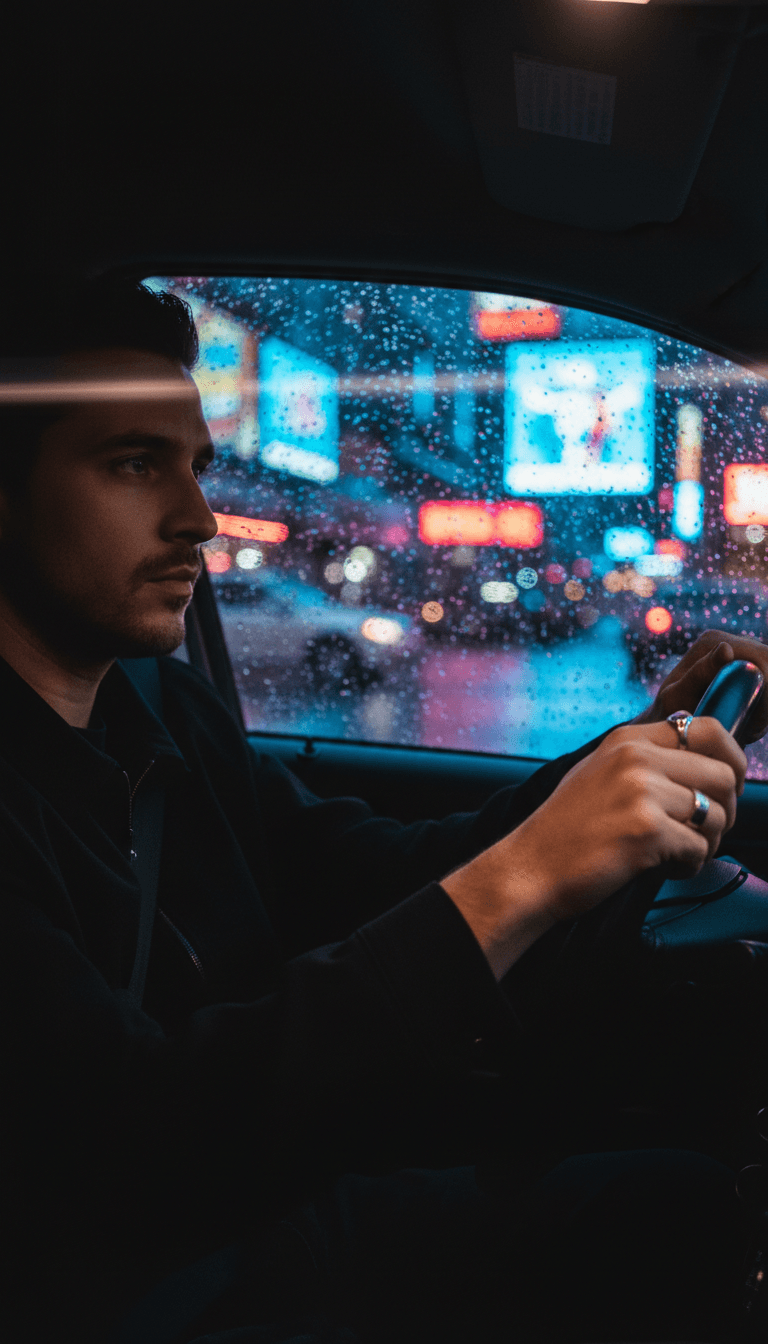 Visuais dinâmicos de luzes da cidade e um casal dançando, sincronizados com a música, ilustrando uma conversão de MP3 para MP4.