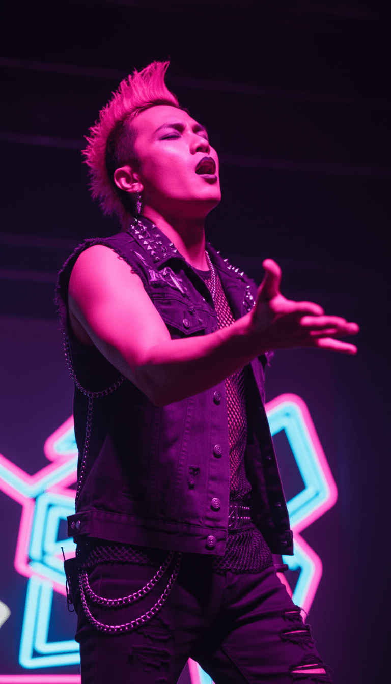 嘻哈艺术家在虚拟舞台上表演的动态蒙太奇,充满活力的视觉效果随着节拍跳动,由 freebeat.ai 为《Tegap Hadapi Dunia》创作。