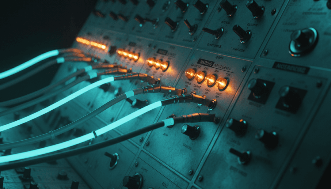 Un paysage urbain futuriste pulsant de lumière, synchronisé au rythme entraînant de Moogv2 (1).wav, démontrant les capacités de traduction visuelle de freebeat.ai.