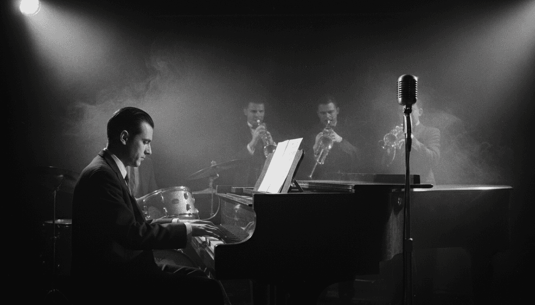 एआई अमूर्त प्रकाश पैटर्न और घूमते हुए नोट्स के साथ जैज़ संगीत की व्याख्या कर रहा है।