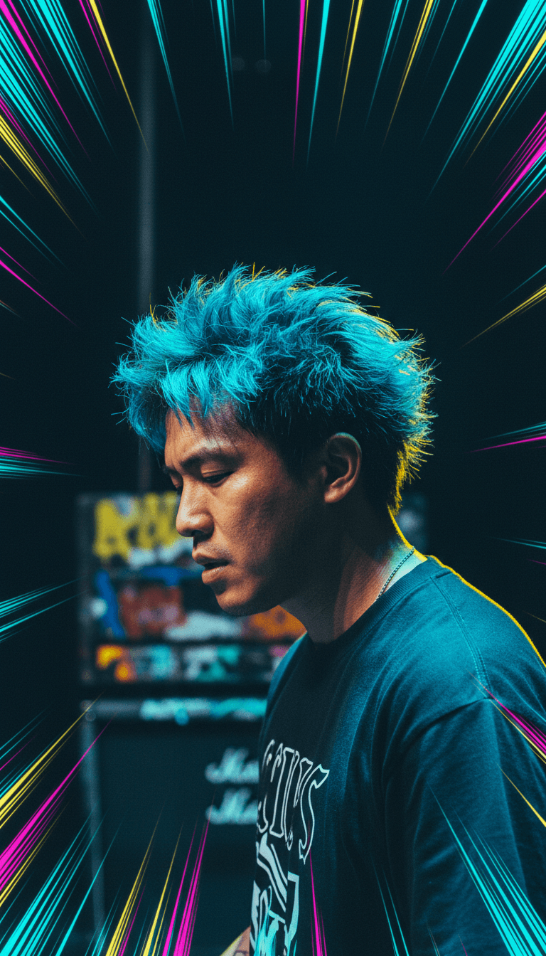 IA analizando las ondas sonoras de 'Tegap Hadapi Dunia' de aaplaystation92, visualizando paisajes urbanos empoderadores.