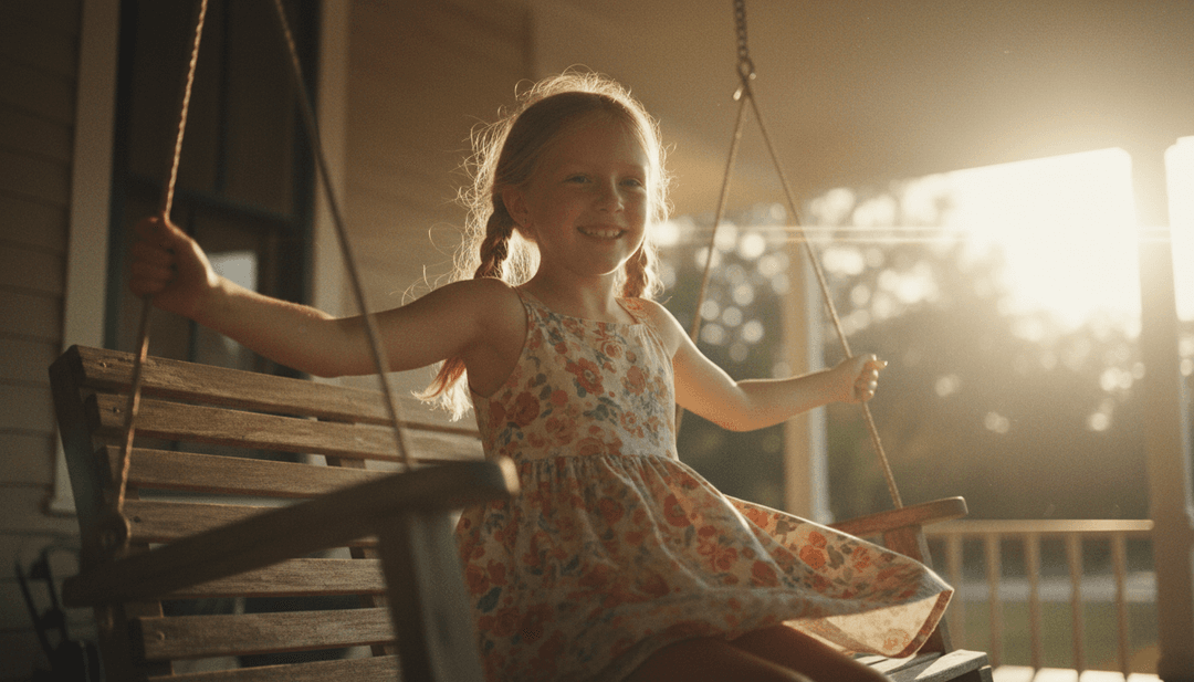Uma cena pitoresca com campos dourados, uma caminhonete vintage e um pôr do sol quente, representando um videoclipe country.