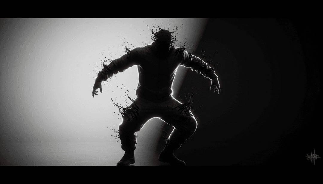 v5 的 'Paliksim draugi...' 高潮的動態視覺呈現,角色在風格化的合成波環境中移動。