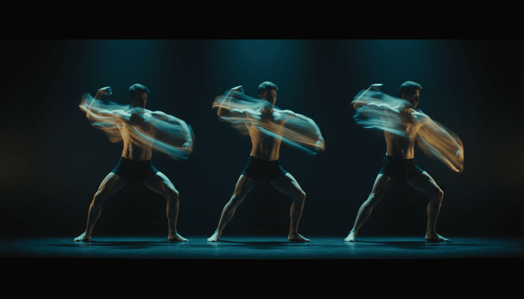 गतिशील एनीमेशन अनुक्रम जो संगीत तरंगों को जटिल नृत्य चालों और चमकते सुनहरे प्रभावों में बदलते हुए दिखाता है, जो गीत के दृश्य अनुवाद और ऊर्जा का प्रतिनिधित्व करता है।