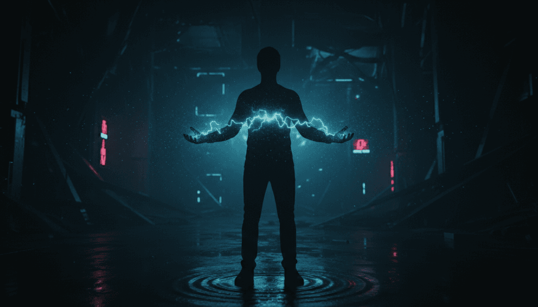 Eine abstrakte digitale Darstellung von Schallwellen, die sich in ätherische Schatten auf einem Draht verwandeln, die rudirs Synthwave-Musik visualisiert, erstellt von einem KI-Musikvideo-Generator.