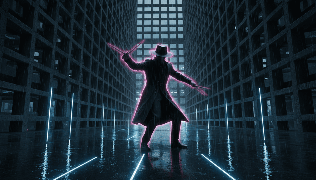 Dynamische Visualisierungen einer Synthwave-Stadtlandschaft mit Neonlichtern und digitalen Schatten, perfekt synchronisiert mit dem Rhythmus von rudirs 'Schatten auf dem Draht', die einen hochwertigen Musikcover-Generator demonstrieren.