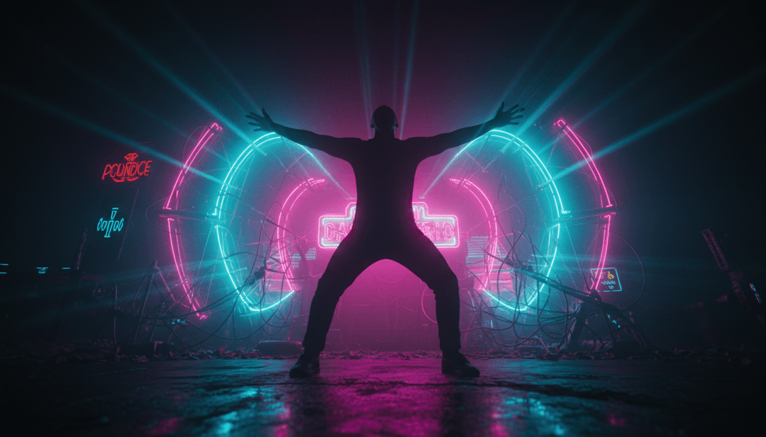 Ein Künstler, der stolz sein KI-generiertes Musikvideo für rudirs 'Schatten auf dem Draht' präsentiert, mit synchronisierten Liedtexten und dynamischen Visuals, erstellt mit der freebeat.ai-Plattform, die seine Fähigkeiten als bester KI-Musikvideo-Generator hervorheben.