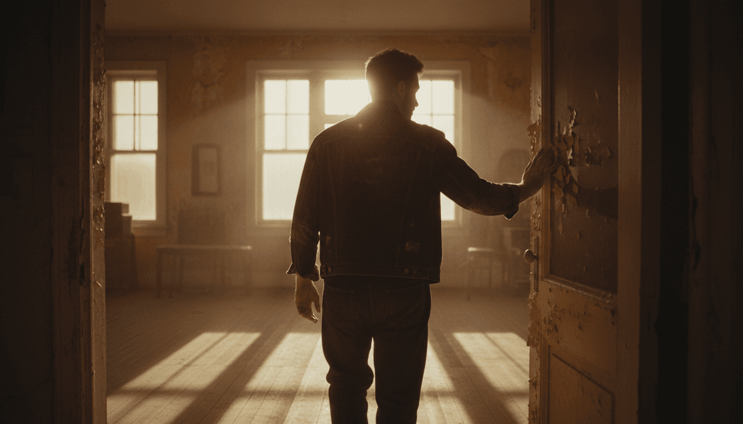 Immagini astratte fluide che si trasformano da forme d'onda audio a vivaci scene paesaggistiche, simboleggiando una conversione da MP3 a MP4.