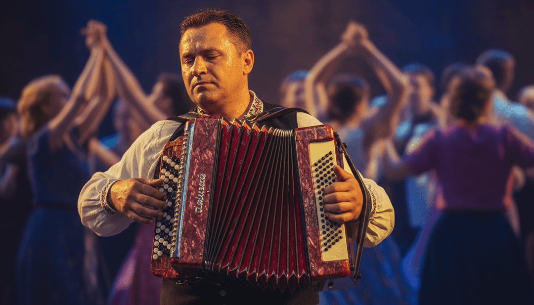 Criaturas animadas da floresta tocando instrumentos em um prado caprichoso, com notas musicais coloridas flutuando no ar, representando a tradução visual de elementos sonoros.