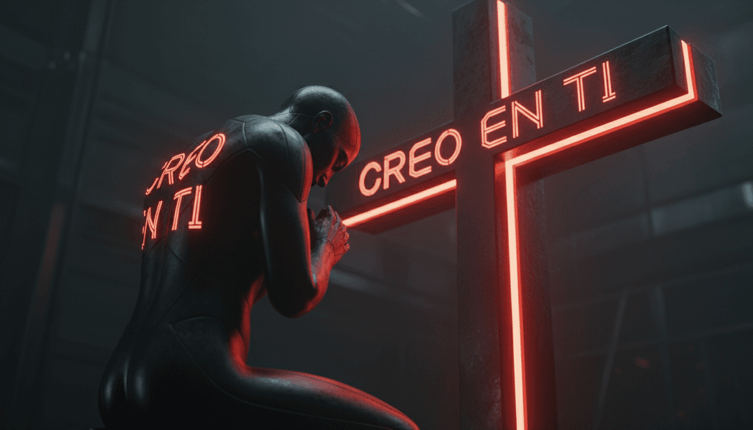 KI-generierte Darstellung einer Person, die demütig vor einem strahlenden Licht steht, was Hingabe und Frieden symbolisiert, inspiriert von christlicher Rockmusik.