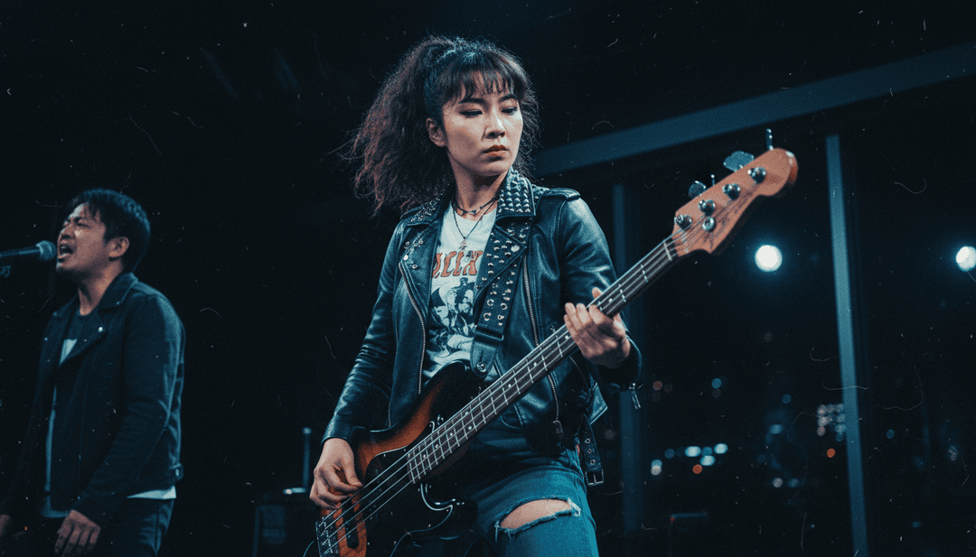 一个充满活力的音乐视频场景,动画化的 hyun 角色在充满活力的抽象 J-Rock 和 J-Pop 风格视觉背景中表演 'V5 강아지별',展示了 AI 对音乐元素的翻译。